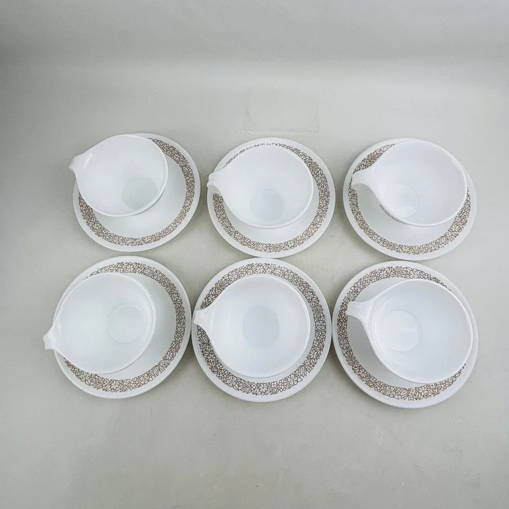 Corelle Woodland Brown 6 Flat Cup & Saucer Set Hook Handle Floral White Vintage‎